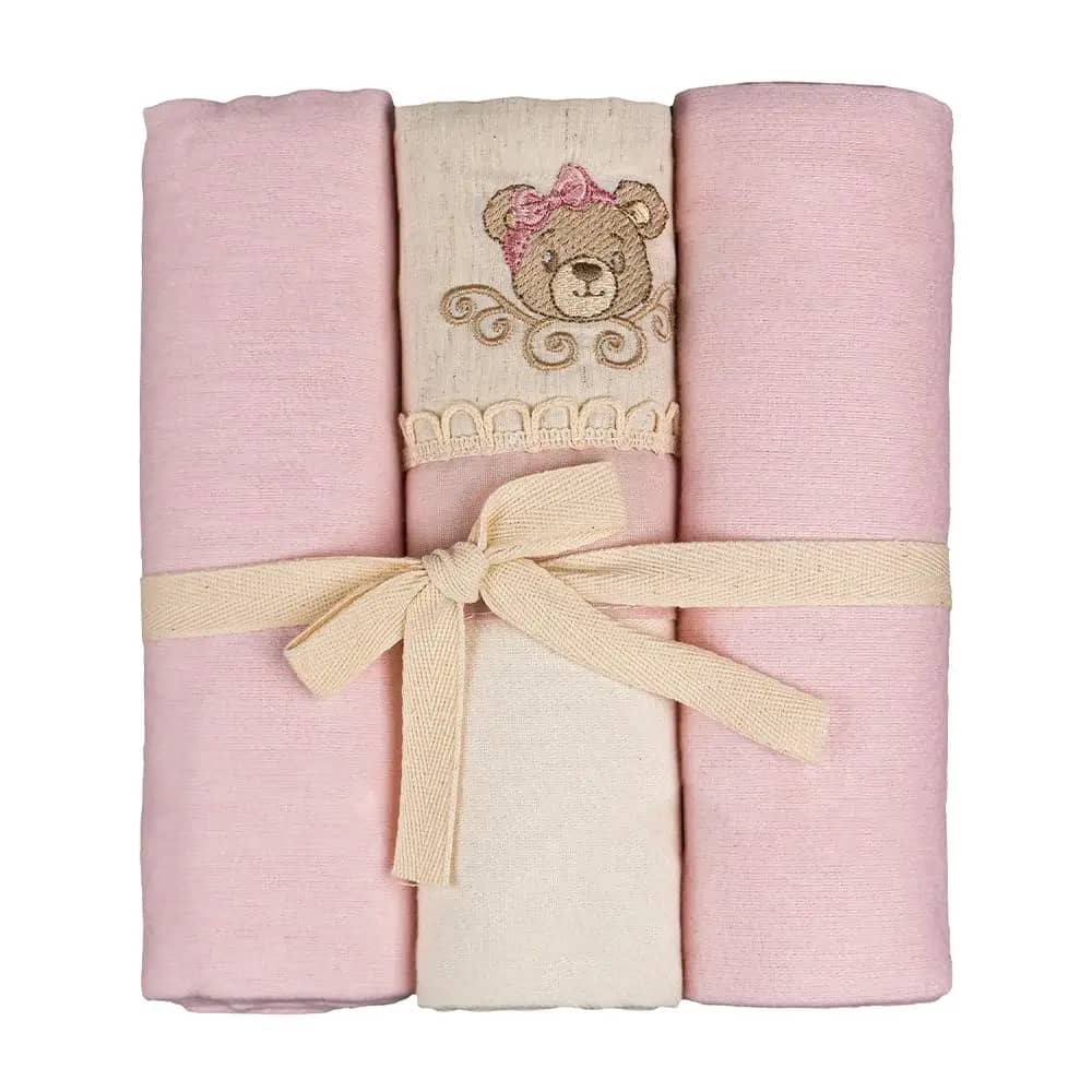 Kit 3 Cueiros Flanelados Essência - Ursa Rosa