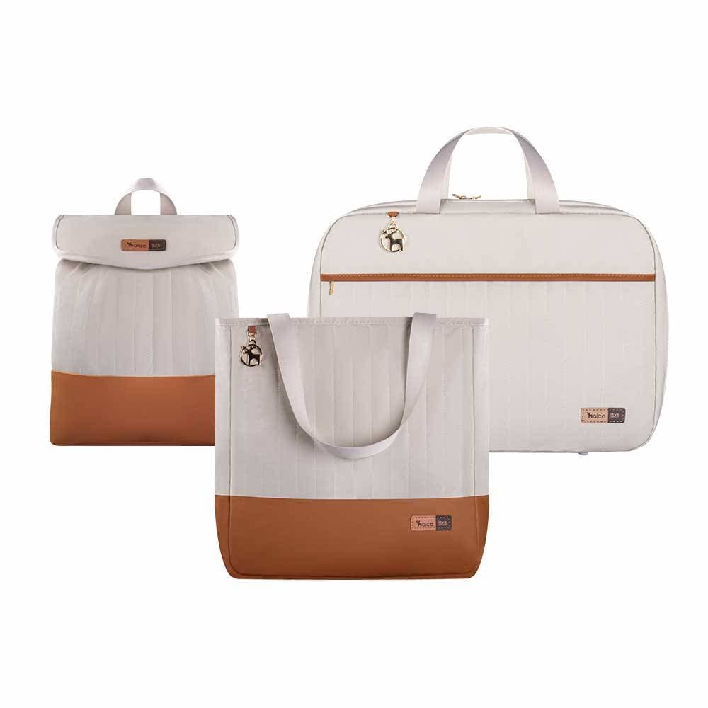 Kit bolsa maternidade em creme e caramelo com bolsa, mala e mochila