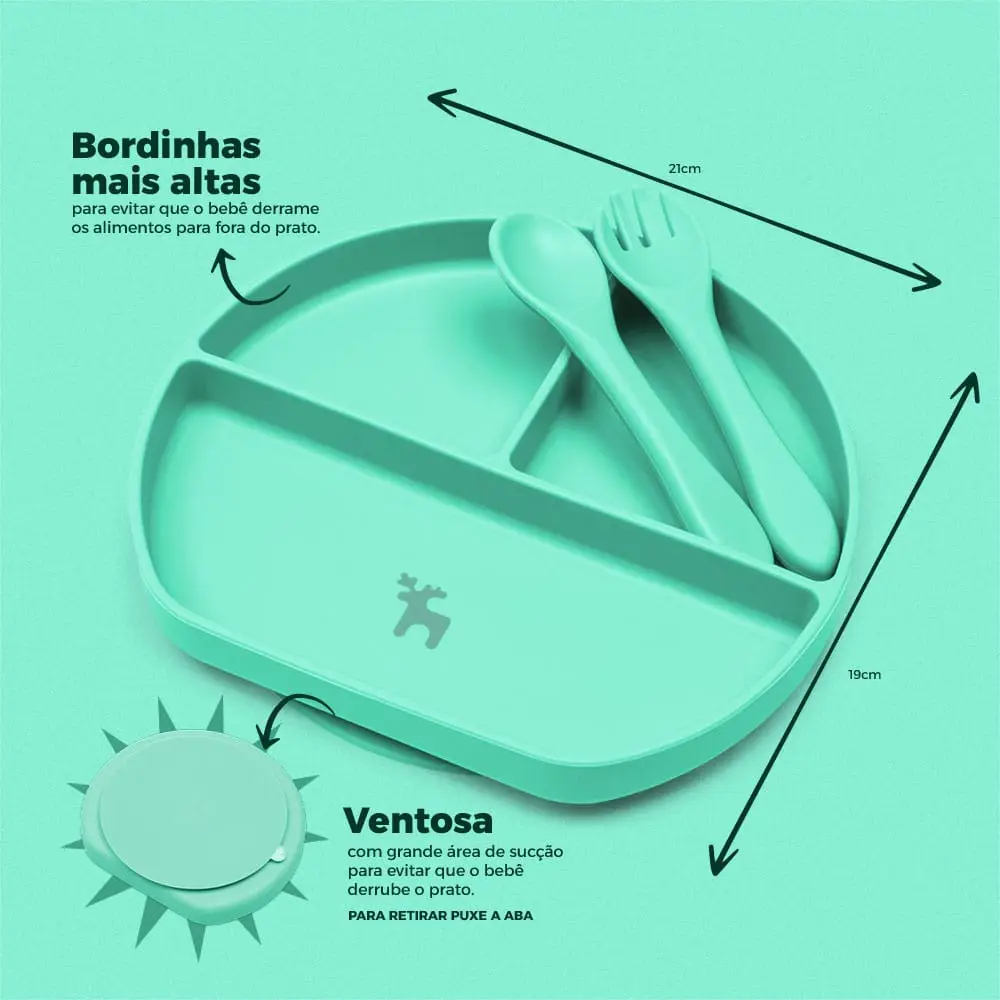 Kit Introdução Alimentar Prato Silicone Com Ventosa Verde Claro - Miniatura 5