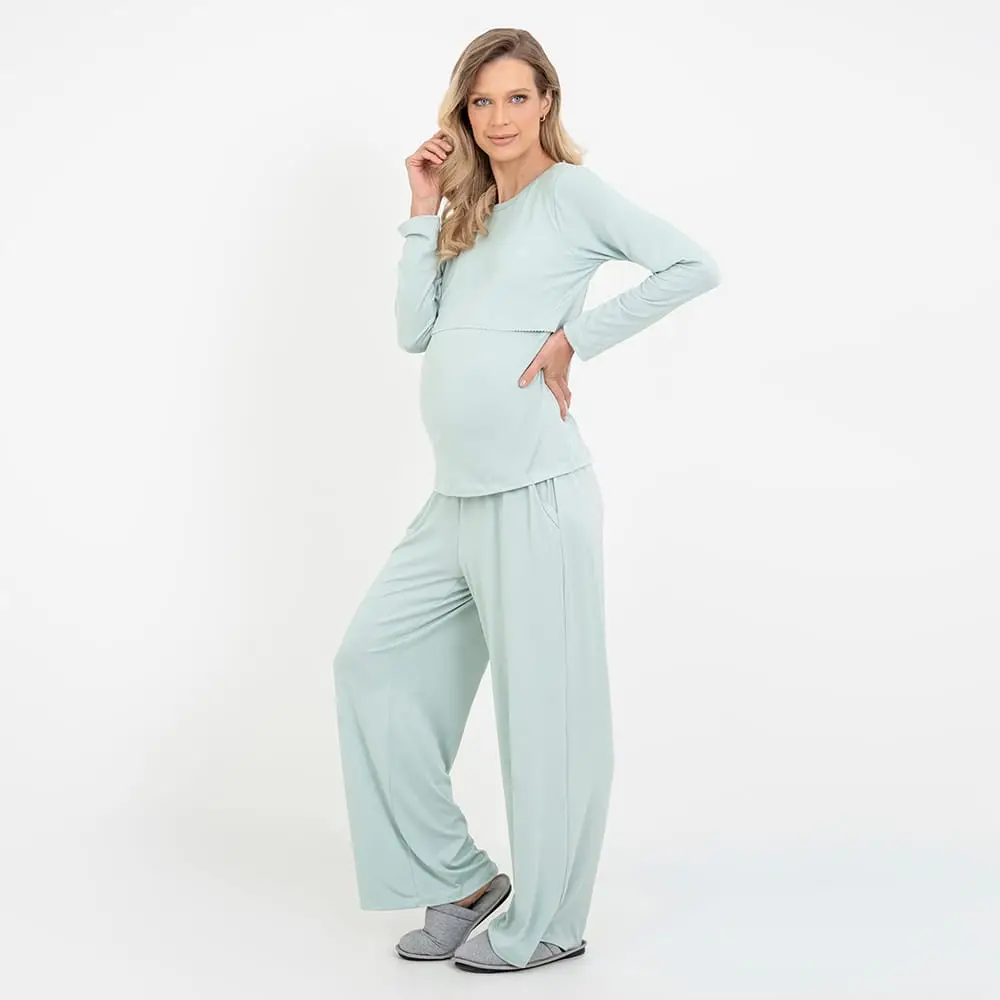 Pijama Longo Maternidade Pistache - Miniatura 1