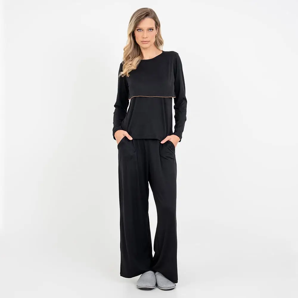 Pijama Longo Maternidade Preto - Miniatura 3