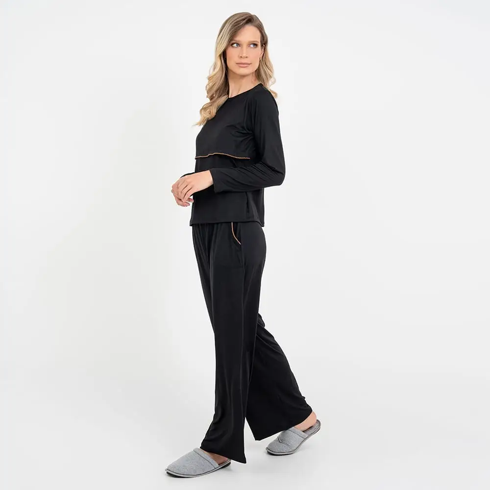 Pijama Longo Maternidade Preto - Miniatura 4