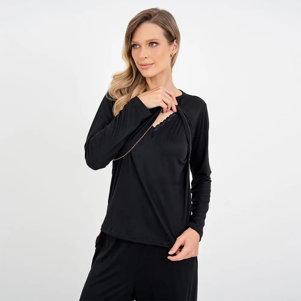 Pijama Longo Maternidade Preto - Miniatura 6
