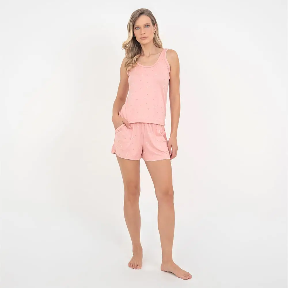 Pijama Curto Regata Coração  Rose - Foto 1
