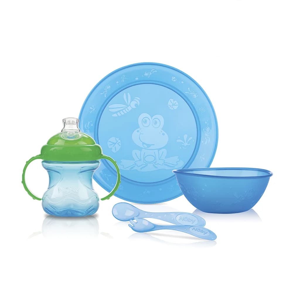Kit de alimentação infantil azul com prato, tigela, copo e talheres