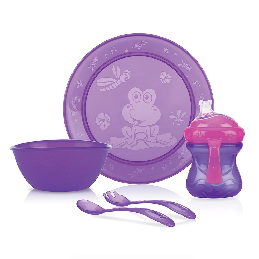 Kit lilás de alimentação infantil com prato, tigela, copo e talheres