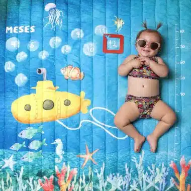 tapete mesversário acompanhamento mensal dupla face azul tema fundo do mar use alce