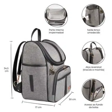 Bolsa Mochila Maternidade Multifuncional Lebaby 2 em 1 Cinza Mescla