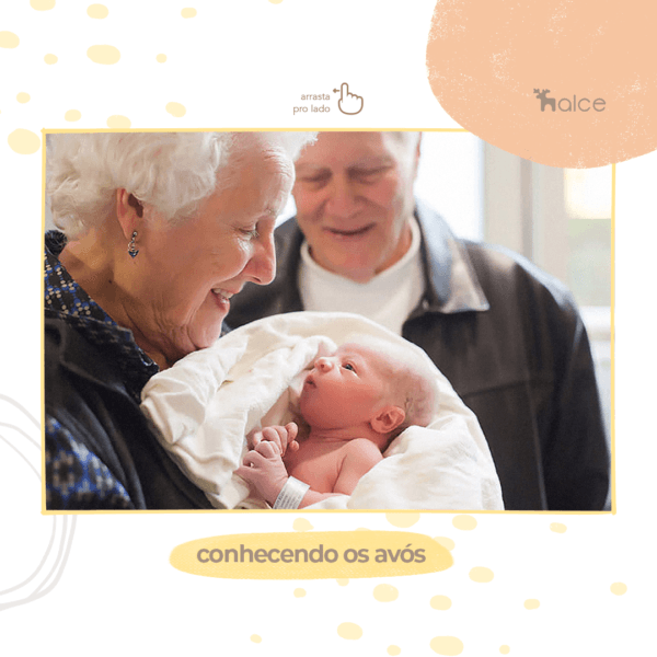 Foto dos avós segurando o bebê no primeiro dia