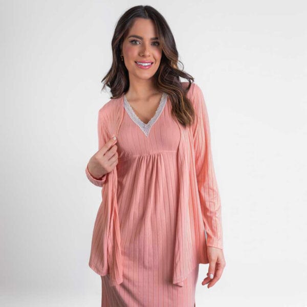 Conjunto Camisola de Maternidade e Amamentação Canelada - Rose - Imagem 2