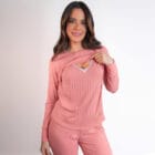 Pijama Maternidade e Amamentação Blusa e Calça Canelado  - Rose