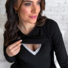 Pijama Maternidade e Amamentação Blusa e Shorts Canelado - Preto