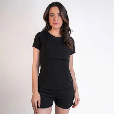 Pijama Maternidade e Amamentação Blusa e Shorts Canelado - Preto