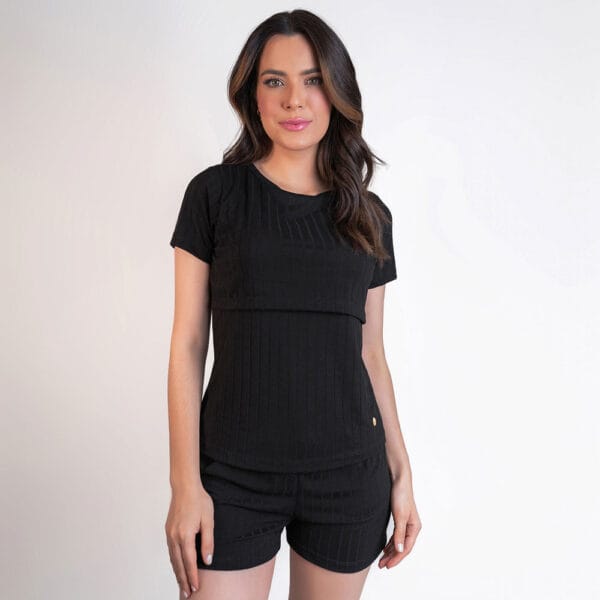 Pijama Maternidade e Amamentação Blusa e Shorts Canelado - Preto - Imagem 2