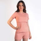 Pijama Maternidade e Amamentação Blusa e Shorts Canelado - Rose