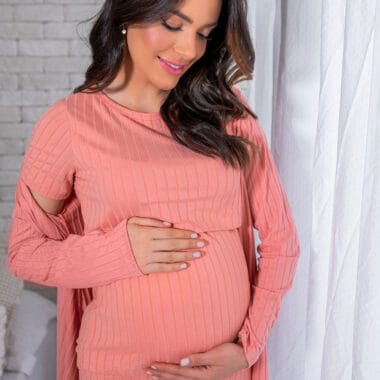 Conjunto Pijama Maternidade e Amamentação Curto Canelado - Rose