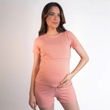 Conjunto Pijama Maternidade e Amamentação Curto Canelado - Rose