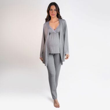 Conjunto Pijama Maternidade e Amamentação - Listras Cinza