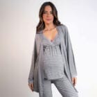Conjunto Pijama Maternidade e Amamentação - Listras Cinza