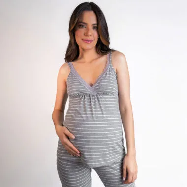 Pijama Maternidade e Amamentação Calça e Blusa - Listras Cinza