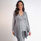 Conjunto Pijama Maternidade e Amamentação - Listras Cinza