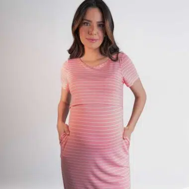 Vestido de Amamentação e Maternidade – Midi Viscolycra Listras Rosa