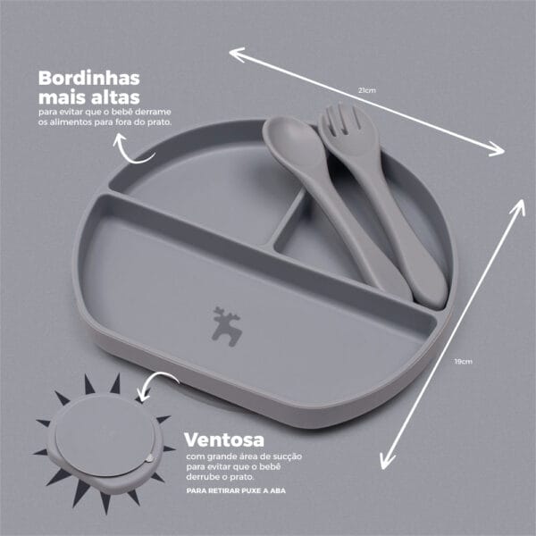 Kit Introdução Alimentar Prato Silicone com Ventosa Cinza - Imagem 5
