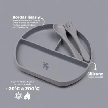 Kit Introdução Alimentar Prato Silicone com Ventosa Cinza