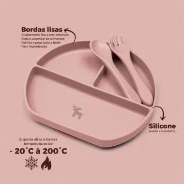Kit Introdução Alimentar Prato Silicone com Ventosa Rose