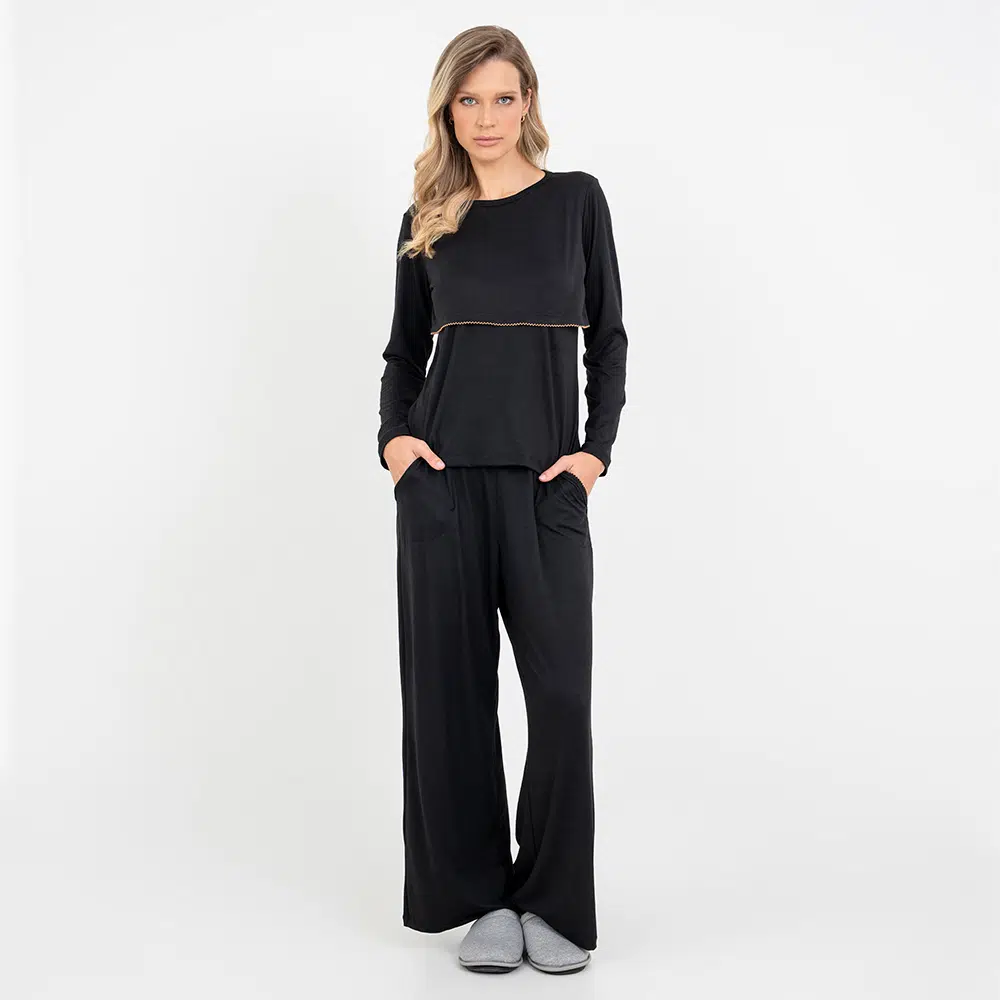 Pijama Longo Maternidade Preto Pijama Longo Maternidade Preto - Imagem 2