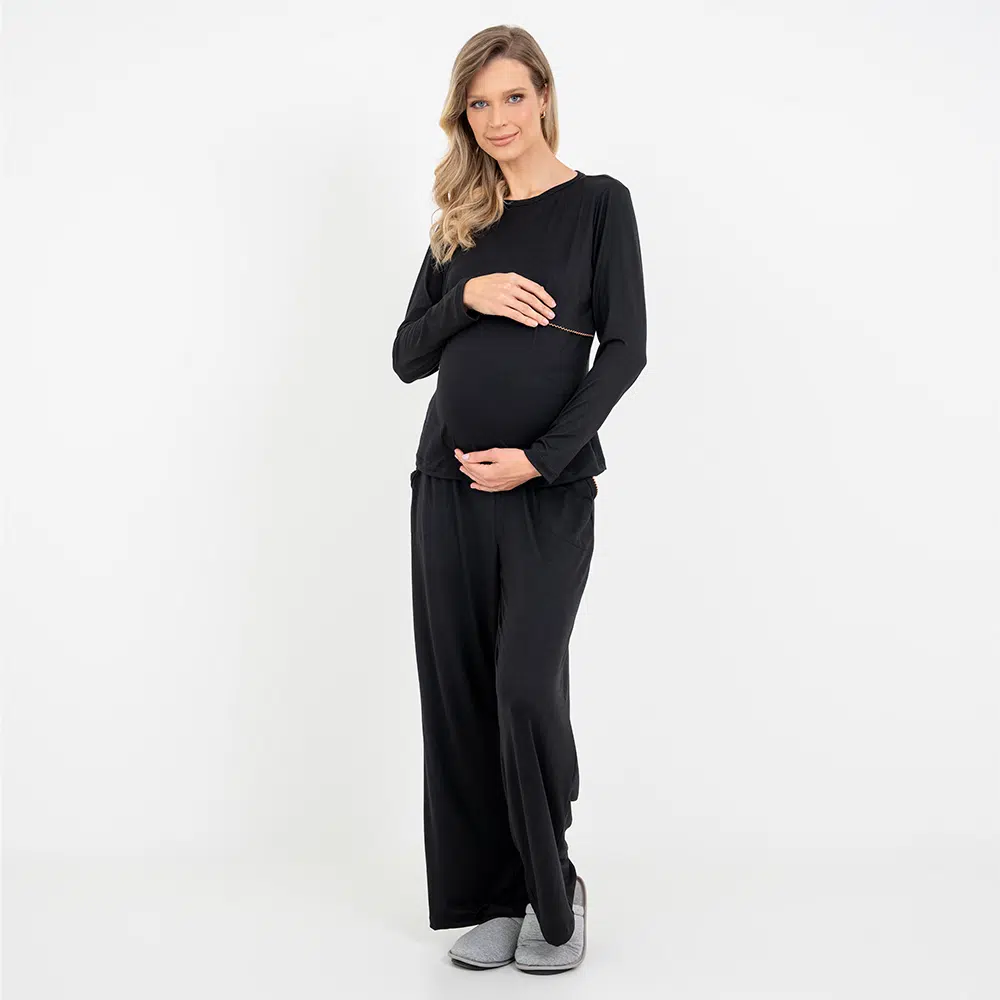 Pijama Longo Maternidade Preto Pijama Longo Maternidade Preto