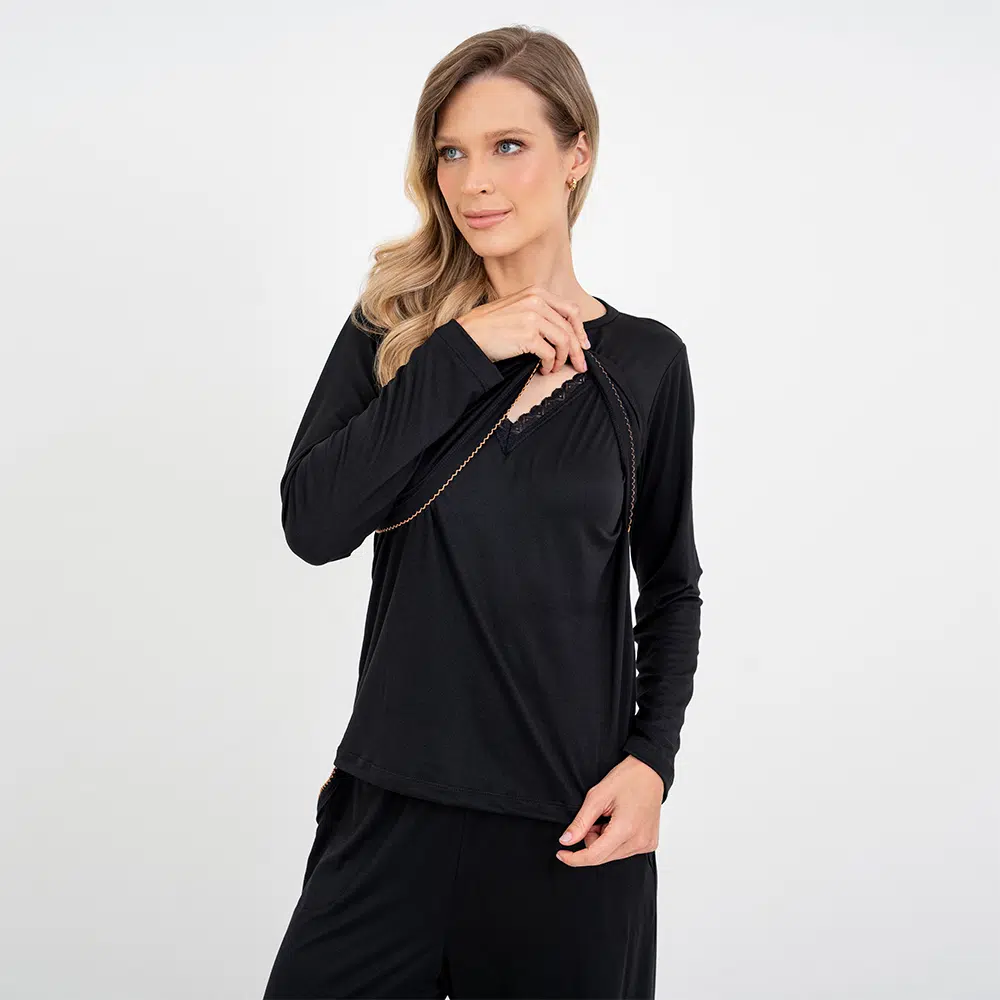 Pijama Longo Maternidade Preto Pijama Longo Maternidade Preto - Imagem 5