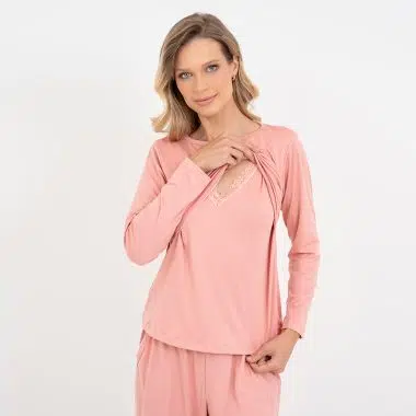 Pijama Longo Maternidade Rose