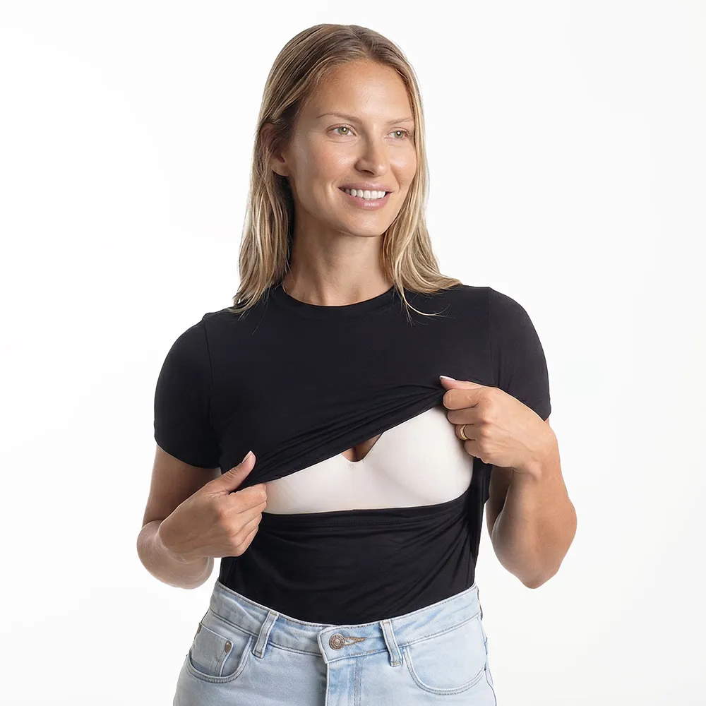 T-shirt Essencial Amamentação preta Use Alce. Blusinha para gestante e maternidade