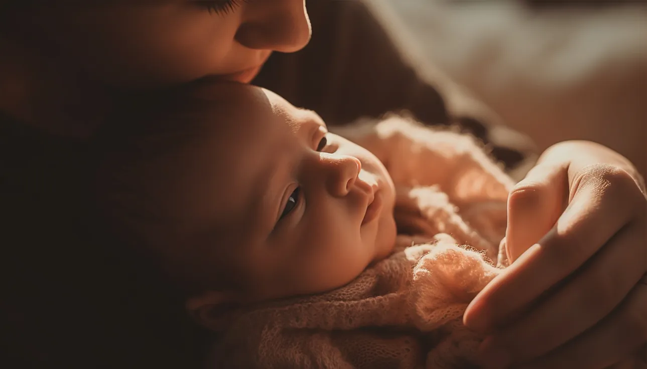 Mãe pensativa abraçando o bebê com carinho culpa materna